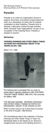 A paper clipping announcing Parasite's event offerings from 1998, with a dark image of a person looking at a book.