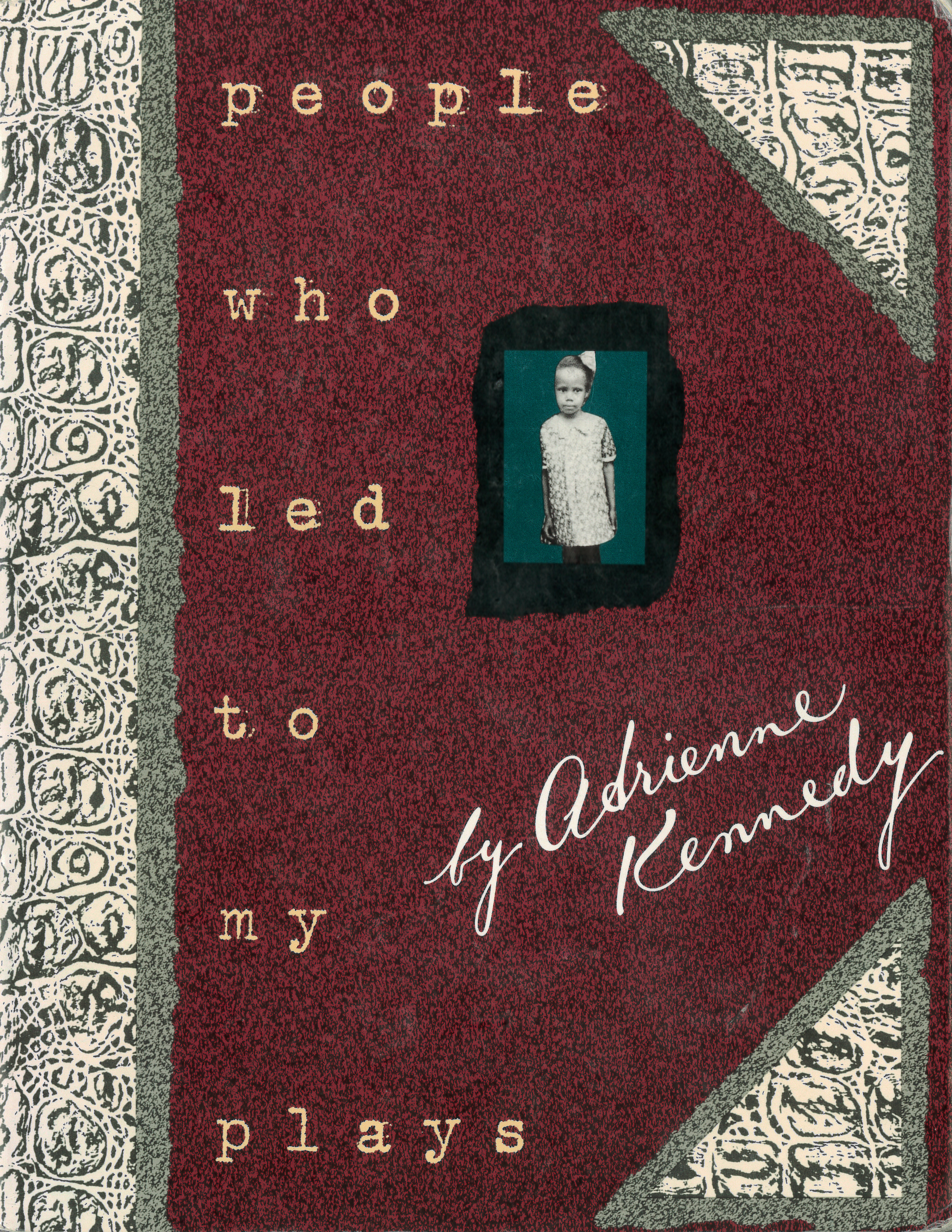 A maroon book cover. The full left edge and two triangles in each of the righthand corners have a decorative, patterned border. The title reads 