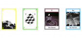Four multicolored tarot cards arranged in a line on a white background. The cards read 