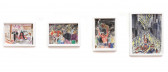 Four framed drawings on a wall depicting chaotic, colorful scenes of crowds.