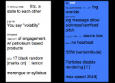 Screenshot of two vertically oriented rectangular shapes, one white and one blue. Fragments of text appear in both rectangles, spelling out phrases like 