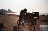 A figure, silhouetted by the sun, pushes a bike with a wooden contraption anchored across its handlebars, upon which various obscured objects hang. The figure is situated on a dirt road next to a body of water, which stretches out behind them in the distance. Urban buildings are visible in the far distance.