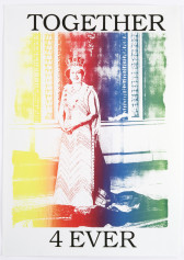 A rainbow-hued poster of the Queen. Black serif text positioned above and below her image reads, 