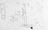 A hand-drawn image in pencil of a bedroom or living room scene. The room's double windows have been blown open, scattering several papers across the room. A crudely drawn figure stands upright in an uncomfortable manner in the middle of the room.