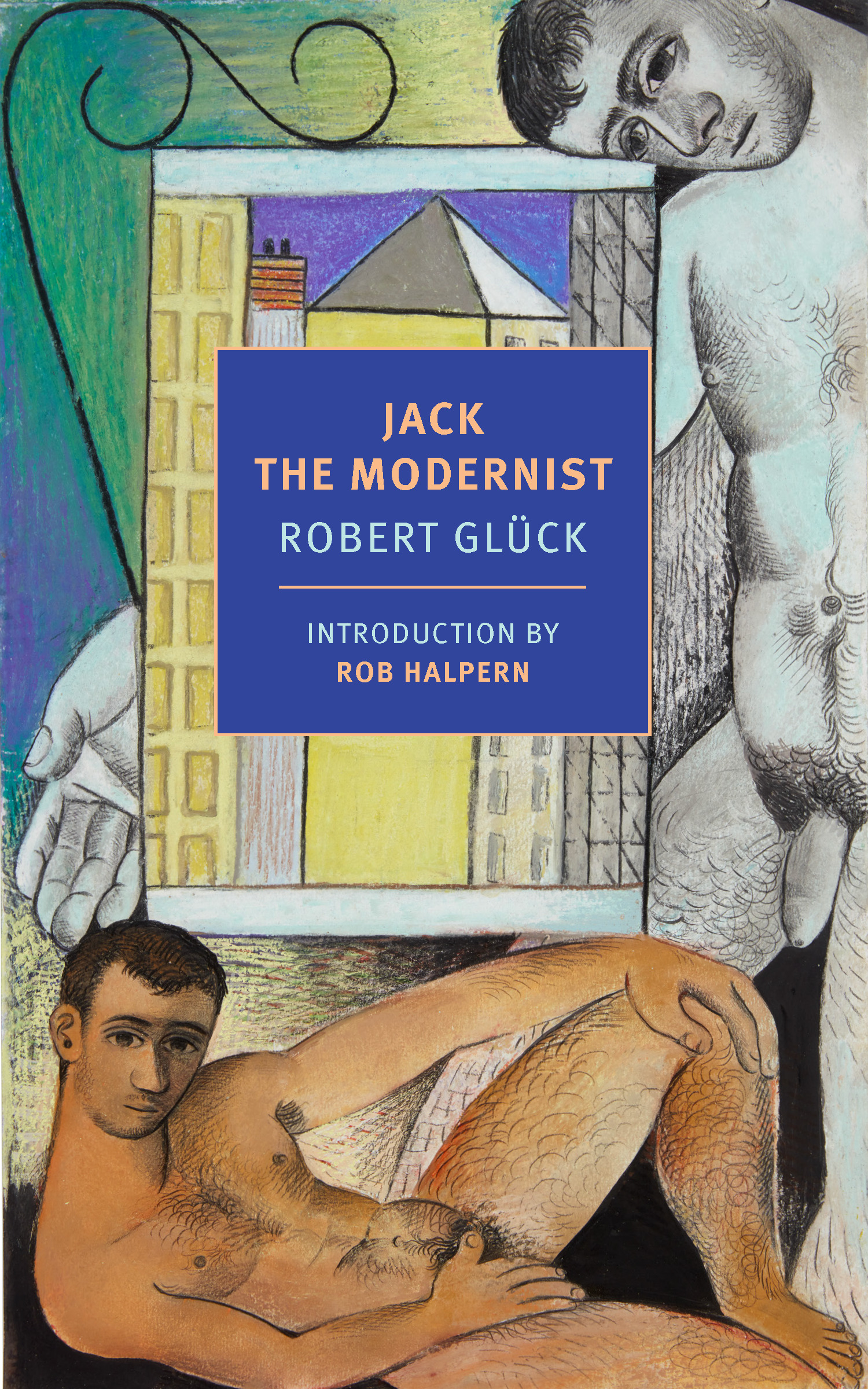 Book cover featuring two illustrated nude men, one is laying down along the bottom of the cover, and the other stands and frames the right side. In the center is a smaller illustration of buildings. Text reads 