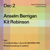 Black text overlays a color-scheme grid background. The text reads: “Dec 2 / Anselm Berrigan / Kit Robinson.