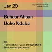 Black text overlays a color-scheme grid background. The text reads: “Jan 20  / Bahaar Ahsan / Uche Nduka.