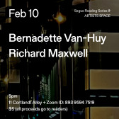 White text overlays a painting of a cityscape at night, which is predominantly black. The text reads: “Feb 10 / Bernadette Van-Huy / Richard Maxwell