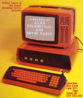 A flyer featuring a vintage orange and black computer with a small monitor and chunky keyboard set against a saturated yellow background. White, stylized text on a faded computer screen reads: 