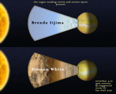 A conical shape extends from a planet on the right side of the image towards a glowing orange sphere to the left. This basic image is repeated directly below with slight variations. The image is overlaid with text that reads “the segue reading series and artists space / present / Brenda Iijima / Simone White / saturday, 4-17 / 5pm eastern / $5 suggested / zoom id: 830 2698 4031.