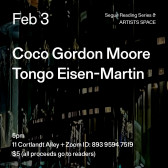 White text overlays a painting of a cityscape at night, which is predominantly black. The text reads: “Feb 3 / Coco Gordon Moore / Tongo Eisen-Martin