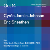 White text overlays a color-scheme grid background. The text reads: “Oct 14 / Cyrée Jarelle Johnson / Eric Sneathen.