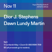 White text overlays a color-scheme grid background. The text reads: “Nov 11 / Dior J. Stephens / Dawn Lundy Martin.