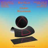 Flyer featuring three computer-generated shapes: a sphere, a curved plane, and a flat plane. Each of the shapes is black, covered in a white grid pattern, and features a warped image of a red triangle. The shapes sit on a blue and yellow gradient background. Red sans-serif text positioned at the top and bottom of the image reads, “artists space & / the segue series / present a / reading by / Dia Felix / and / Jeremy / Hoevenaar / saturday, may 16 / 5pm nyc time / zoom id: / 378 232 567 / be there or be non-euclidean.”