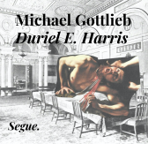 A cut-out reproduction of a painting depicting a figure being beheaded is collaged over a black and white photograph of a renaissance style interior. Black text over the top half of the image reads 