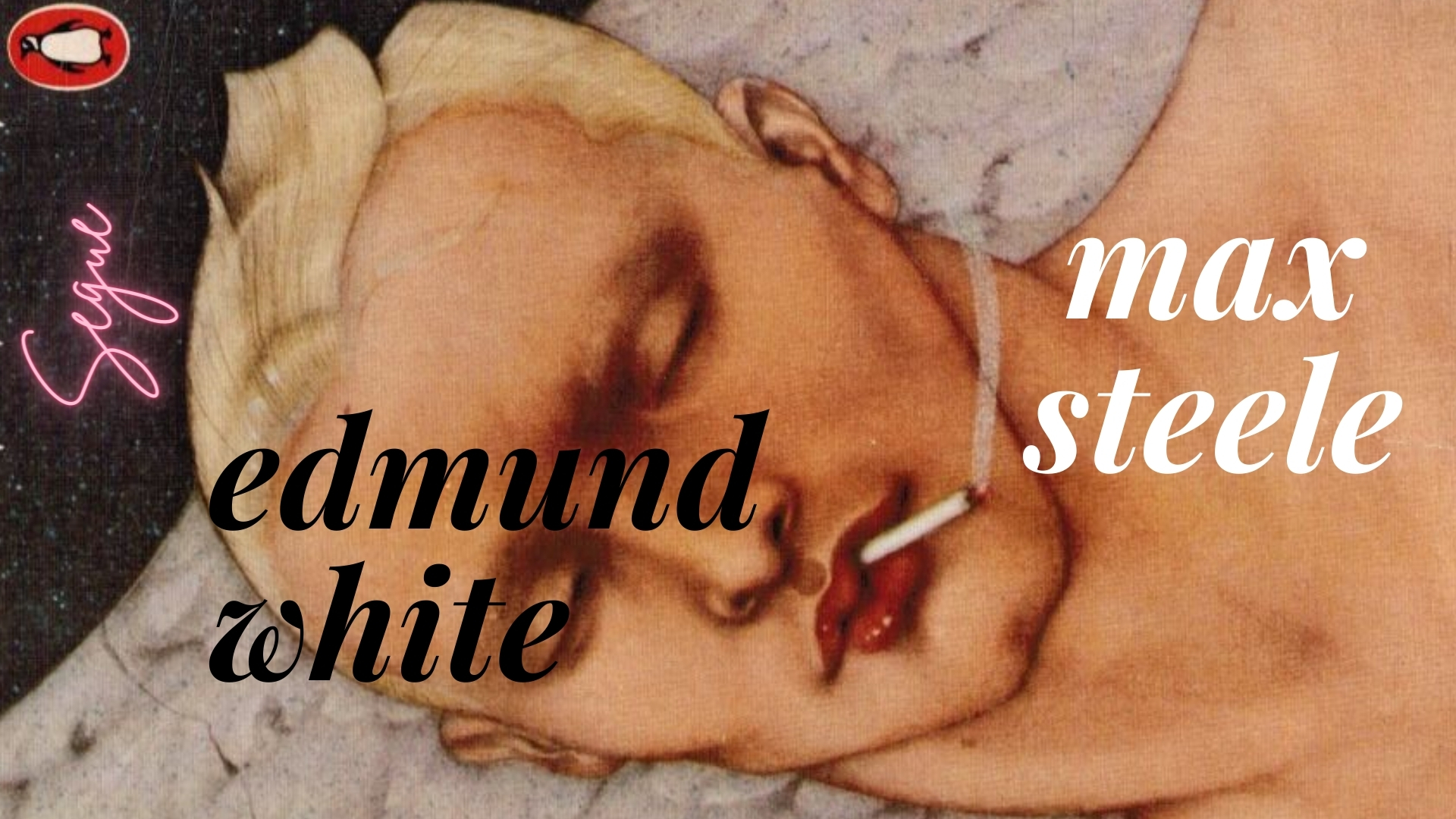 The head of person with blonde hair is pictured lying horizontally. Their eyes are closed and a lit cigarette protrudes between their red lips. The word 