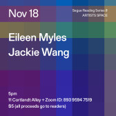 White text overlays a color-scheme grid background. The text reads: “Nov 18 / Eileen Myles / Jackie Wang.