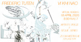 A white poster giving information about a virtual reading event. There are overlaid gray and white images of a statue of an angel with a sword, and two figures in beak masks. Orange texts reads “Frederic Tuten/Vi Khi Nat/Virtual Reading/18 April 2020/5:00 PM E.T./Artists Space x Segue Series/Zoom Meeting ID 378 232 576