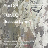 White text overlays an image of an old wall with child-like drawings. The text reads: “April 29 / FUNTO / Jessica Lynne.