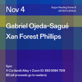 White text overlays a color-scheme grid background. The text reads: “Nov 4 / Gabriel Ojeda-Sagué / Xan Forest Phillips.