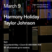 White text overlays a painting of a cityscape at night, which is predominantly black. The text reads: “Mar 9 / Harmony Holiday / Taylor Johnson
