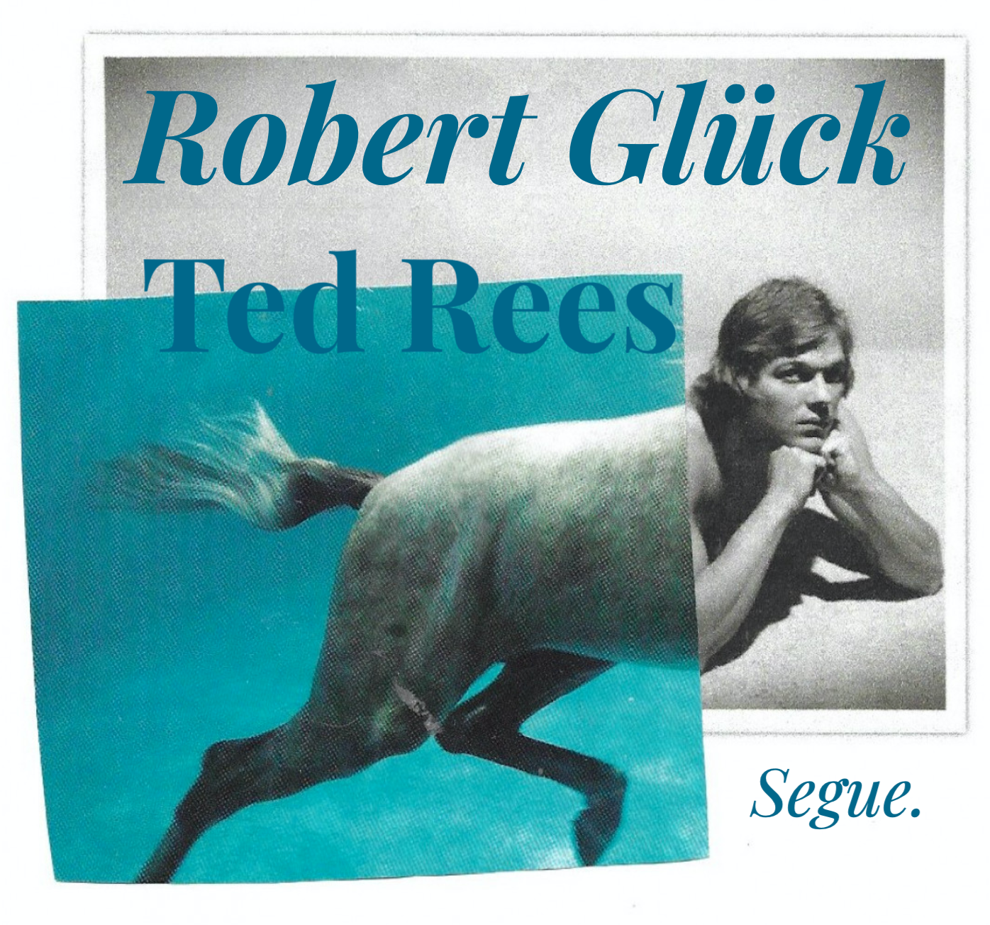 A collaged image, depicting the upper body of a man, with his fists to his chin, overlaid with lower body of a horse. Blue text on top and bottom of image reads 