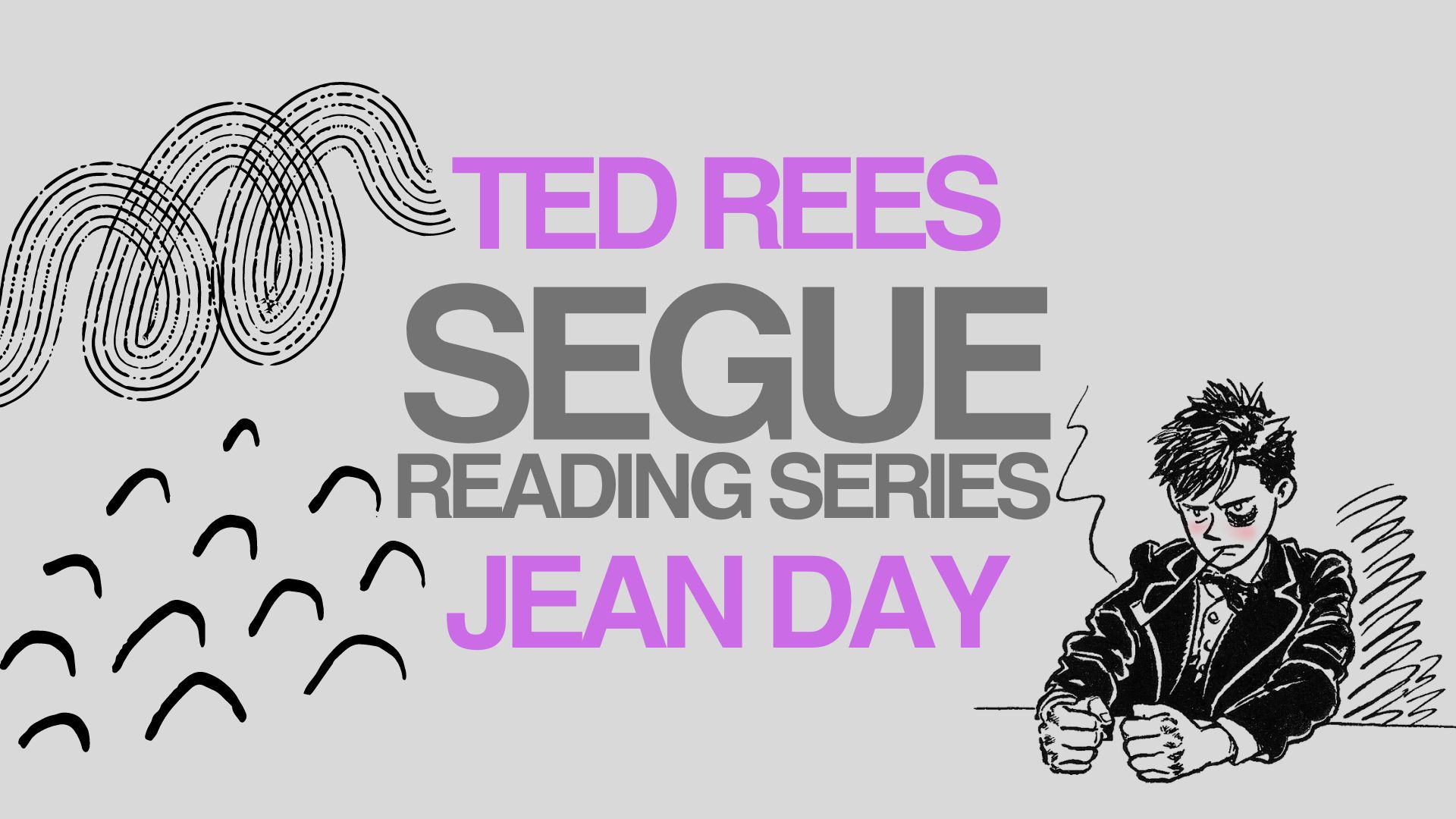 Purple and dark gray text overlay a light gray background with abstract patterns and a drawing of a male figure smoking a pipe in the bottom left corner. The text in the middle reads 