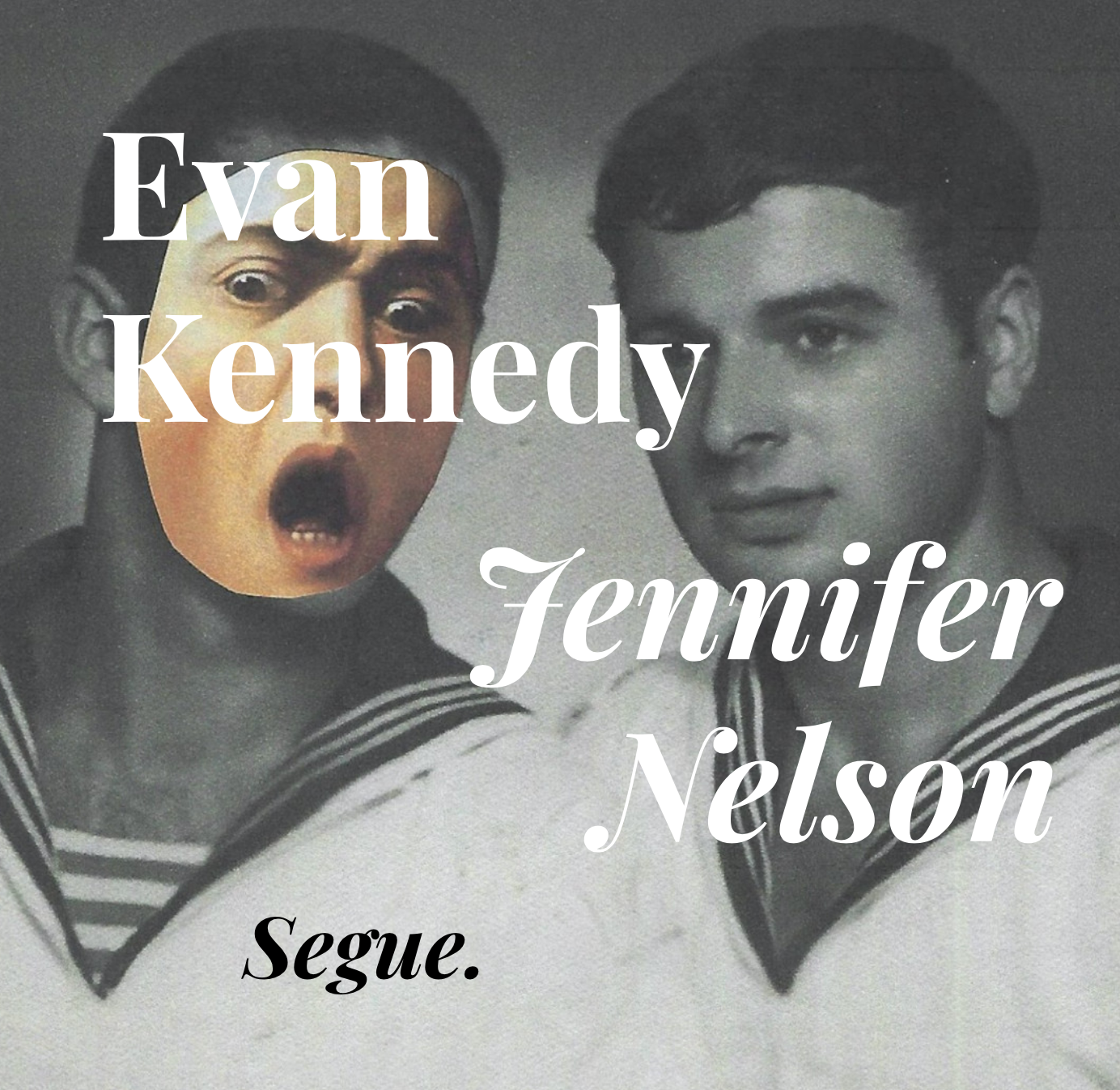 Two figures are pictured side by side in matching clothes. A cutout picture of a head, its mouth wide open, is collaged on top of the figure on the left side. White and black text over the image reads 