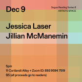Black text overlays a color-scheme grid background. The text reads: “Dec 9 / Jessica Laser / Jillian McManemin