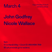 Dark blue text overlays red-pink background. The text reads: “March 4 / John Godfrey / Nicole Wallace.