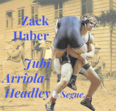 A photograph features two boxers entangled in front of a faded photo of a house. Blue text on top of the image reads 