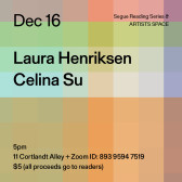 Black text overlays a color-scheme grid background. The text reads: “Dec 16 / Laura Henriksen / Celina Su.