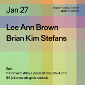 Black text overlays a color-scheme grid background. The text reads: “Jan 27  / Lee Ann Brown / Brian Kim Stefans