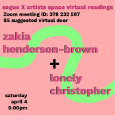 On a muted pink background with a wavy green line running across the page, text in a darker pink and black reads: segue X artists space virtual readings / Zoom meeting ID: 378 232 567 / $5 suggested virtual door: / PayPal/seguefoundation / all proceeds go directly to readers.