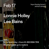 White text overlays a painting of a cityscape at night, which is predominantly black. The text reads: “Feb 17 / Lonnie Holley / Lee Bains
