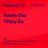 Dark blue text overlays red-pink background. The text reads: “February 18 / Natalie Diaz / Tiffany Sia.