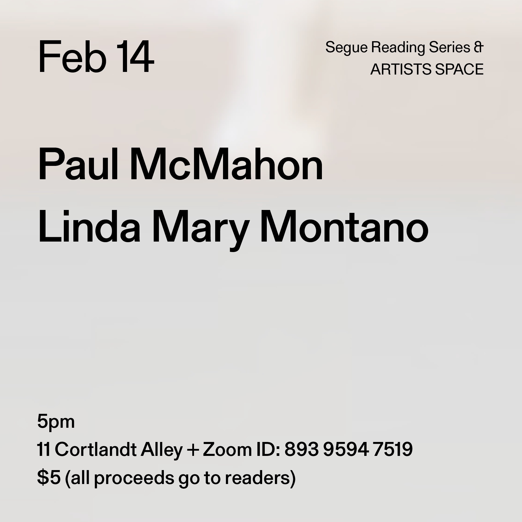Black text on a grey background. The text reads: “Feb 14 / Paul McMahon / Linda Mary Montano.” Text in the bottom left corner reads: “5pm / 11 Cortlandt Alley + Zoom ID: 893 9594 7519 / $5 (all proceeds go to readers)