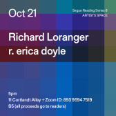 White text overlays a color-scheme grid background. The text reads: “Oct 21 / Richard Loranger / r. erica doyle.