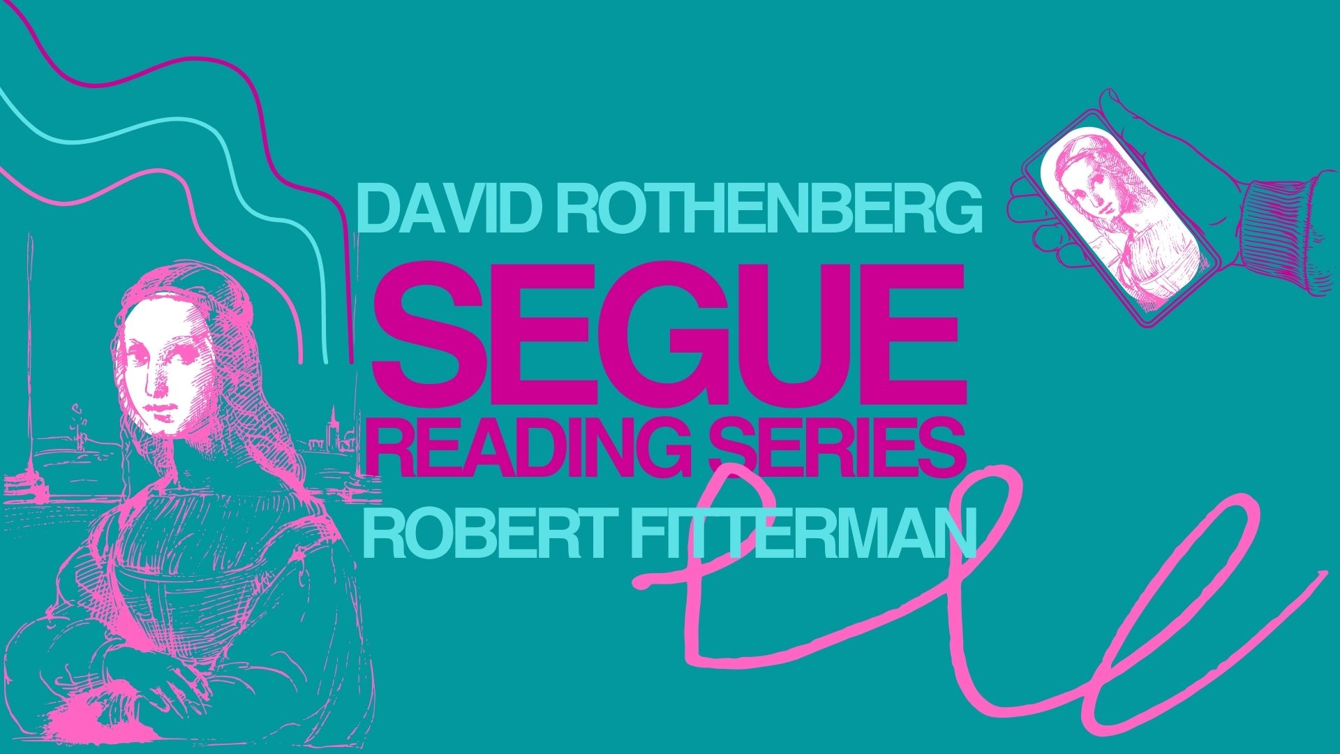 Light teal and pink text overlay a dark teal background with abstract lines and drawings of a female portrait in the bottom left and a hand holding a phone in the top right corner. The text in the middle reads 