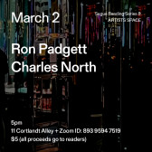 White text overlays a painting of a cityscape at night, which is predominantly black. The text reads: “Mar 2 / Ron Padgett / Charles North