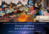 Flyer featuring densely collaged images of food in metal trays, renaissance-era images of saints and angels, Cookie Monster and other puppets, electric keyboards and vintage video game consoles, images of people holding vegetables and plates of food, and tree-filled landscapes. Below the collage, white sans-serif text is superimposed over an image of stars in space. The text reads: “artists space & the segue reading series invite you to a virtual reading by / Steven Seinberg / and / Darcie Dennigan / saturday, may 2nd, 5pm nyc time, zoom id: 378 232 567 / it will be robust.