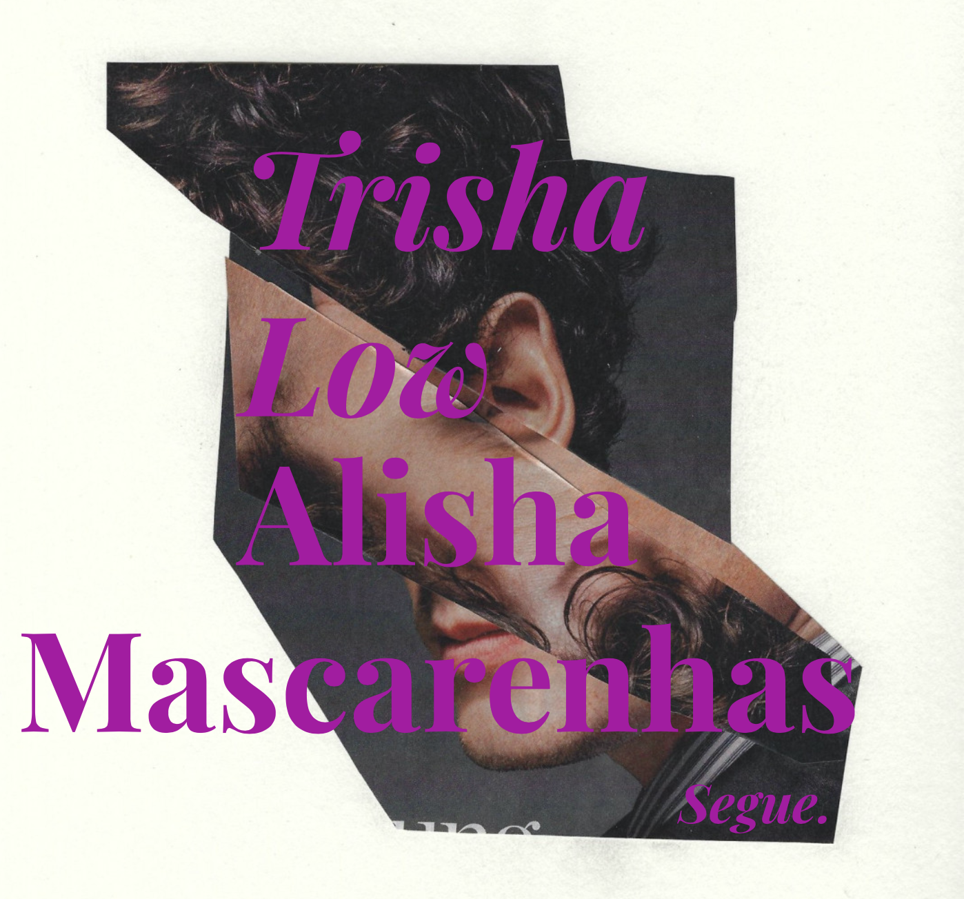 Cropped cutout photographs of a face are collaged together, forming an irregular shape. Purple text over the image reads 