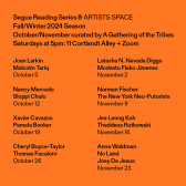 Black text overlays a solid orange background. The text at the top reads: “Segue Reading Series & ARTISTS SPACE / Fall/Winter 2024 Season / October/November curated by A Gathering of the Tribes / Saturdays at 5pm: 11 Cortlandt Alley + Zoom