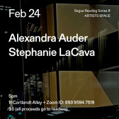 White text overlays a painting of a cityscape at night, which is predominantly black. The text reads: “Feb 24 / Alexandra Auder / Stephanie LaCava