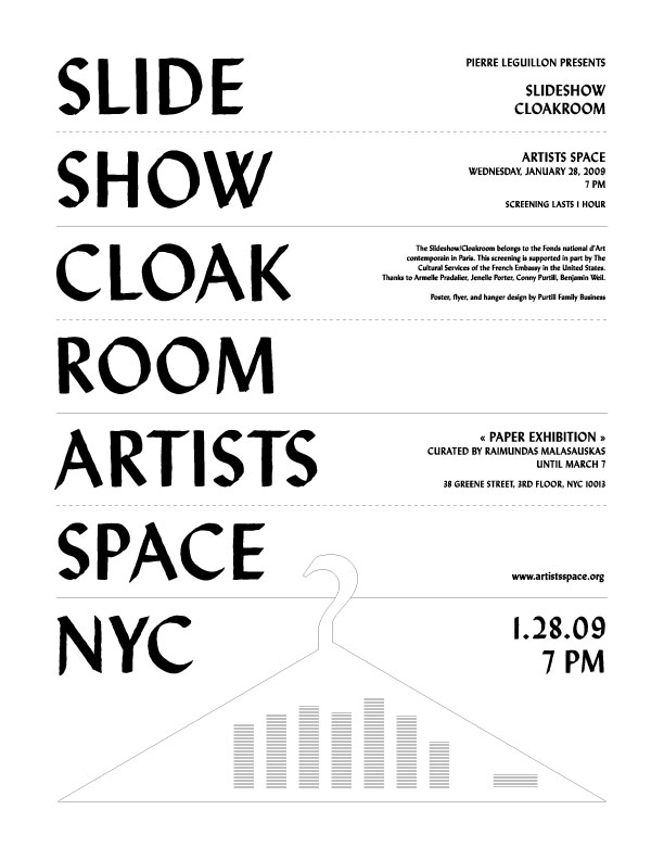 A flyer for Slideshow/Cloakroom at Artists Space featuring information about the event in black text. At the bottom there is a line drawing of a hanger with decibel readings within it.