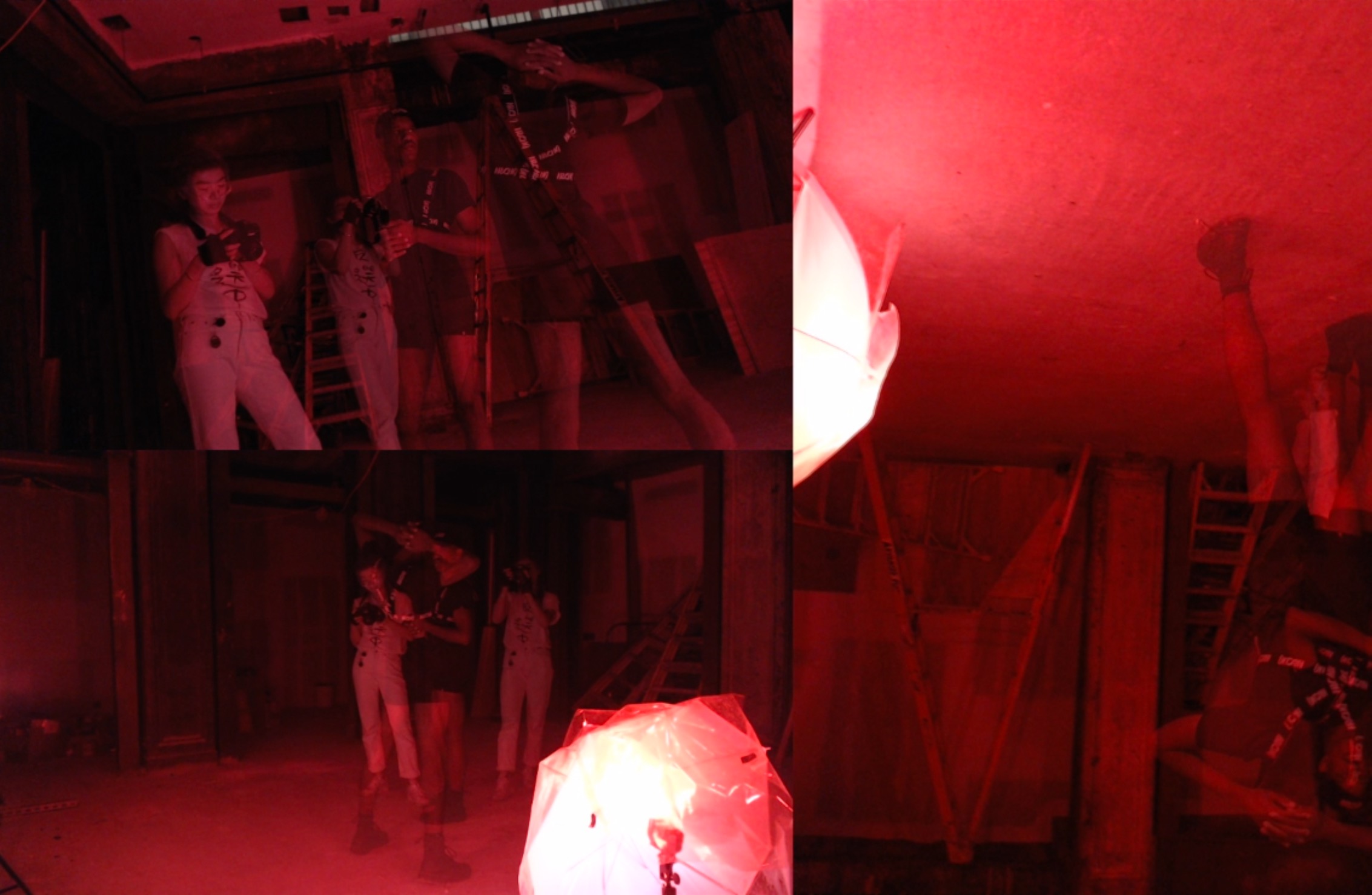 An image is reproduced from three different angles: two in landscape with the third, vertical and upside down. Two people stand in a red-lit room, one looks at a camera and the other stands beside them. A double exposure overlays the image with the same two people, the former holding up the camera and the latter posing for a photo.