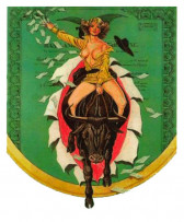 An image of a woman riding a bull through a green bank note. One hand holds on to the reins of the bull, the other scatters bills. She wears a yellow dress that is opening at the top.