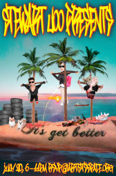 An irreverant cartoon promotional poster with text in grafitti.