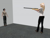 A digital rendering of two people in a room with white walls. One avatar has long blonde hair and is pointing a gun at the other avatar, who stands up against the wall.
