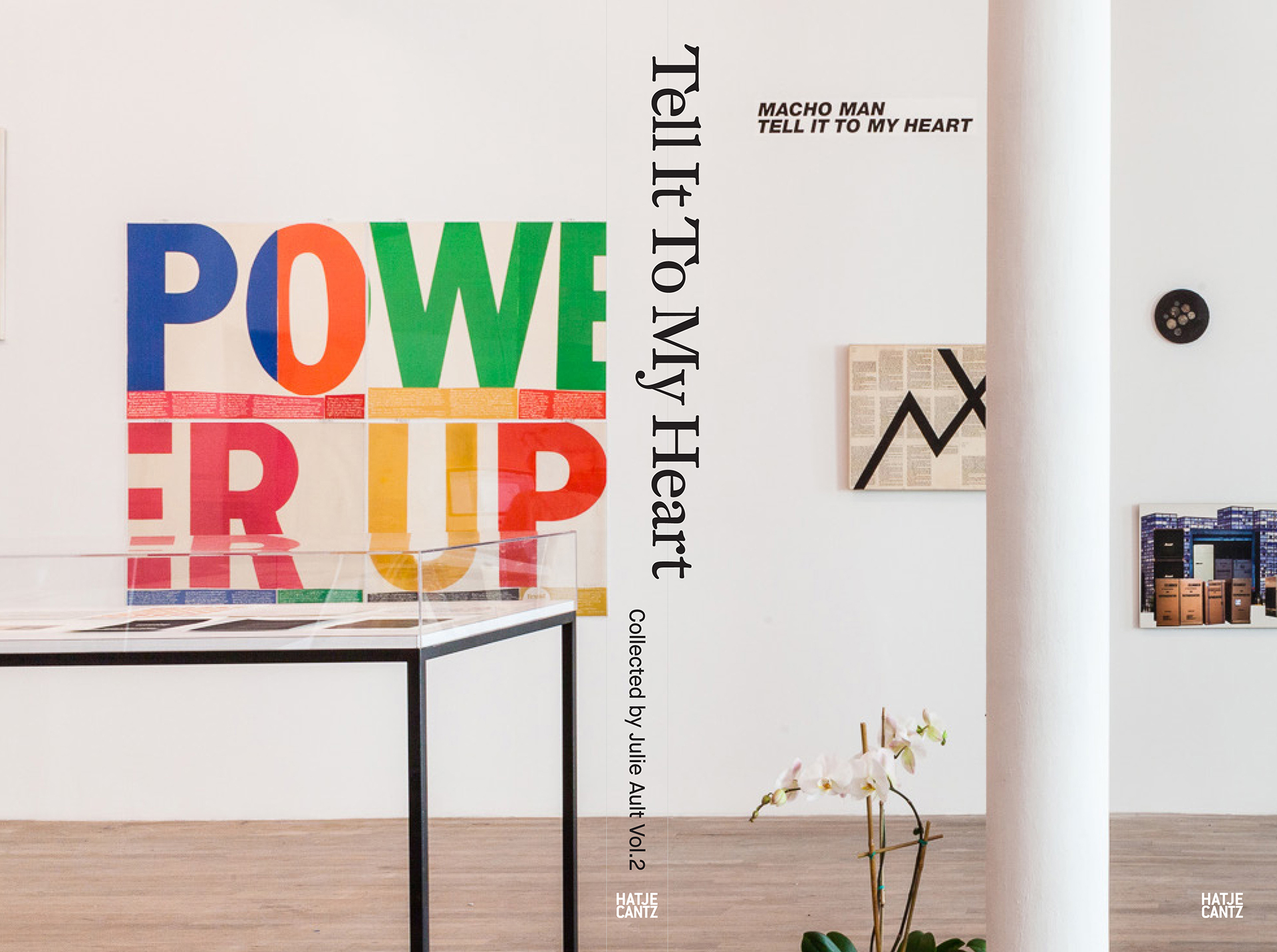 The front and back flaps of a book cover design featuring an image of a gallery installation. Various artworks, one floorstanding case, and a column are visible in the space.